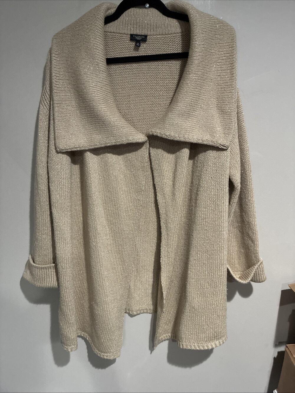Talbots Shawl Collar Beige Gold Shimmer Coatigan Cardigan Sweater Festive Sz 1X